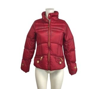 Wonder Woman Red Puffer Down Jacket Womens Small DC Comics Gold Logo Coat